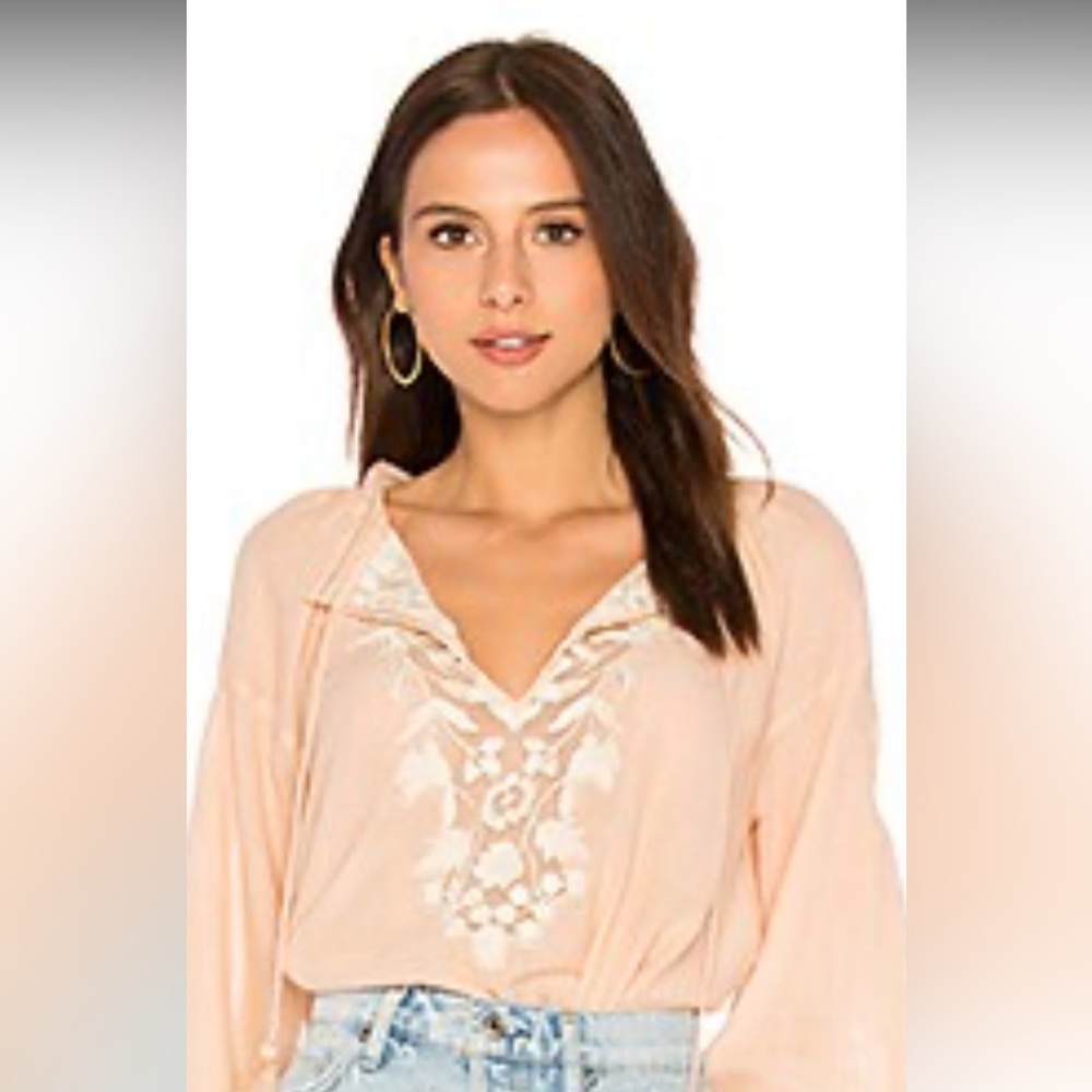 FREE PEOPLE Shimla Embroidered Semi-sheer Blouse Peach Boho Loose 100% Cotton